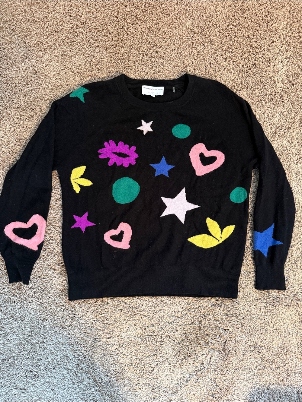 White + Warren Black Crewneck Sweater with Multicolor Hearts & Stars